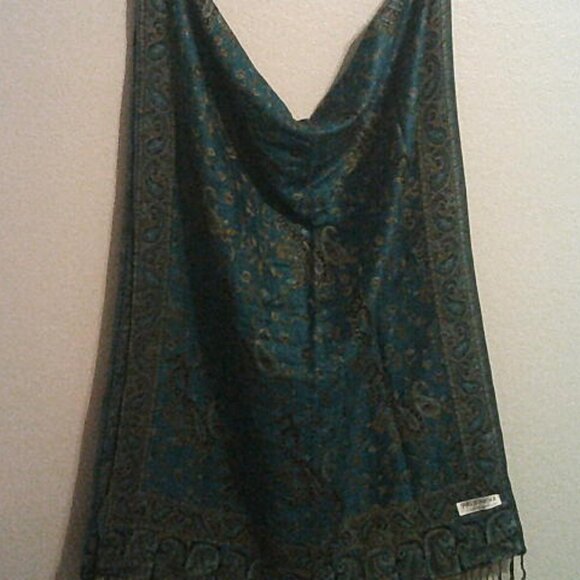 Teal Paisley Pashmina Silk Blend Scarf Shawl Wrap Boho Fringe 60” - Picture 1 of 7